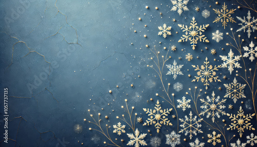 Elegant Blue Winter Background with Delicate Golden Snowflakes and Branches