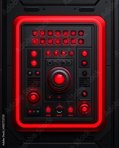 A futuristic control panel with red lights and various buttons and knobs.