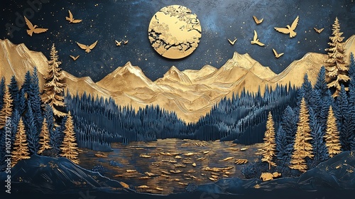 Fototapeta Naklejka Na Ścianę i Meble -  3D wall art decor in Dark blue and Golden interior painting trees forest and mountain HD
