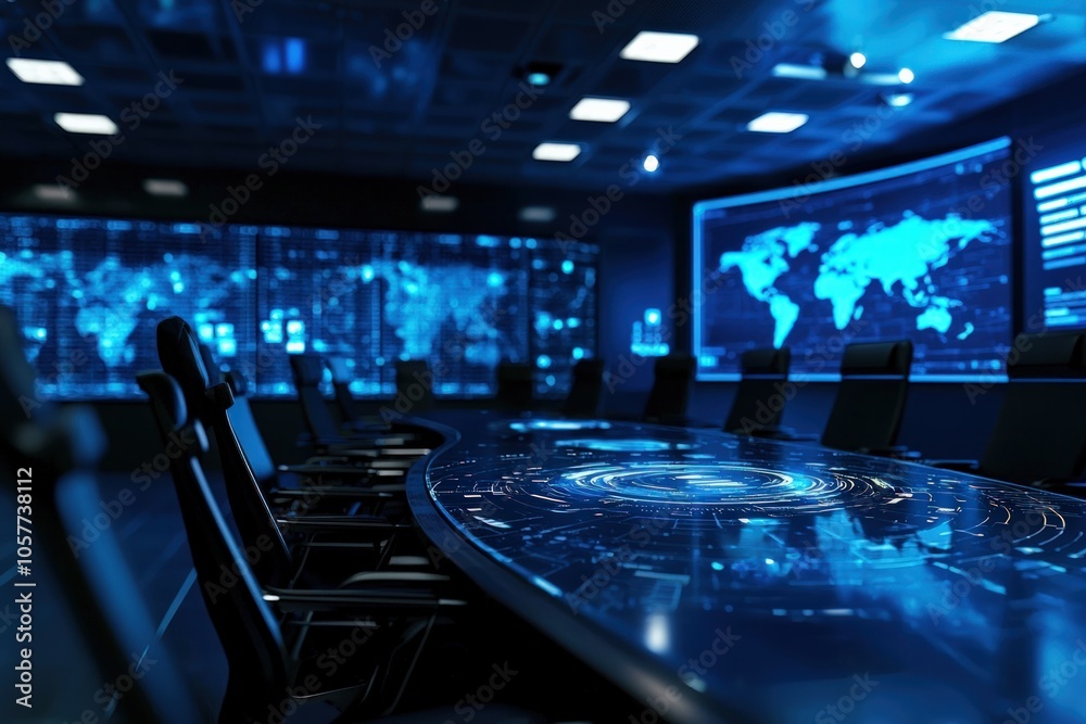 Futuristic conference room with interactive digital map and advanced technology display Futuristic conference room with interactive digital map and advanced technology display