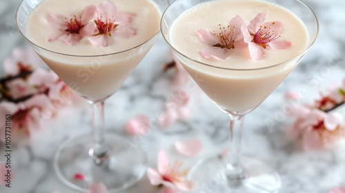 Elegant cocktail with cherry blossoms on a marble surface during springtime c...