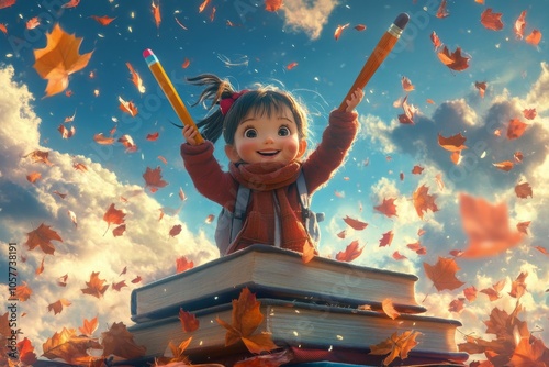 A joyful child stands on a stack of books surrounded by falling autumn leaves...