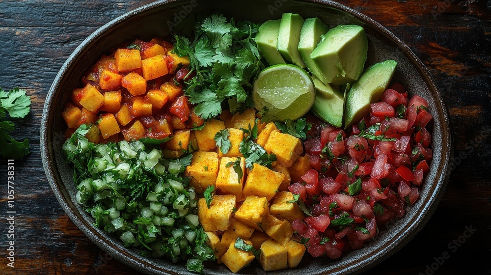 Vibrant Taco Platter with Avocado, Lime, Salsa on Rustic Wooden Table, Colorful Ingredients Displayed for Culinary Delight Vibrant Taco Platter with Avocado, Lime, Salsa on Rustic Wooden Table, Colorful Ingredients Displayed for Culinary Delight