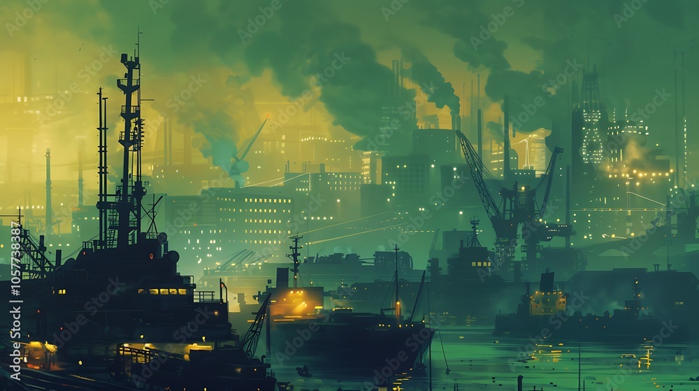 a bustling port at dusk, with cargo ships and cranes bustling with activity under the city's... a bustling port at dusk, with cargo ships and cranes bustling with activity under the city's...