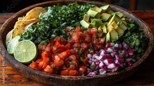 Colorful taco platter featuring fresh ingredients, avocado, lime, salsa, rustic wooden table setting, inviting and vibrant culinary display