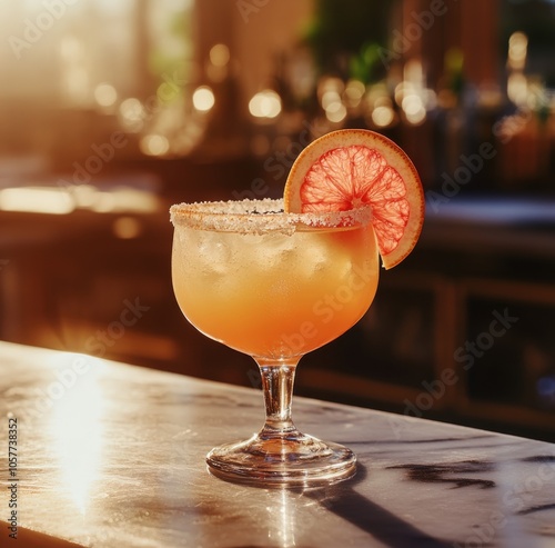 Refreshing citrus cocktail garnished with a slice of grapefruit in a sunny ba...