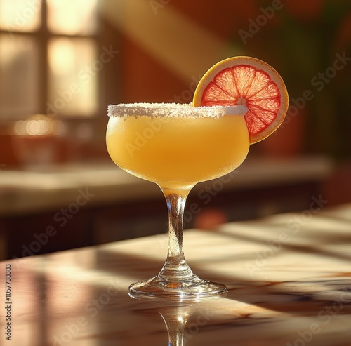 Refreshing citrus cocktail garnished with a slice of grapefruit in a sunny ba...