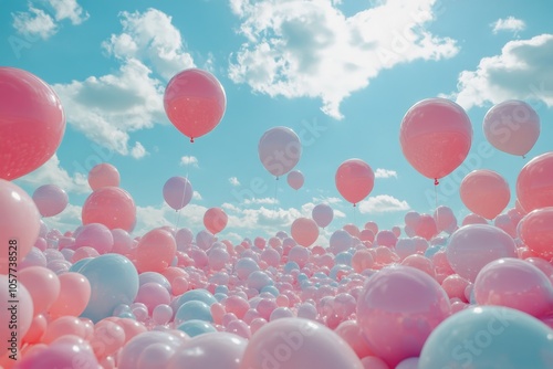 Colorful balloons floating in a bright blue sky during a sunny afternoon cele...