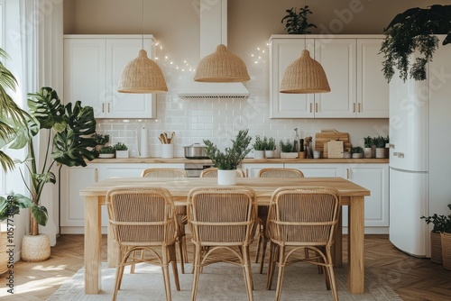 Cozy kitchen interior with rustic design and dining table decorated with a fl...