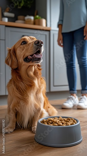 Golden retriever eagerly waiting for food in a cozy kitchen during mealtime a...