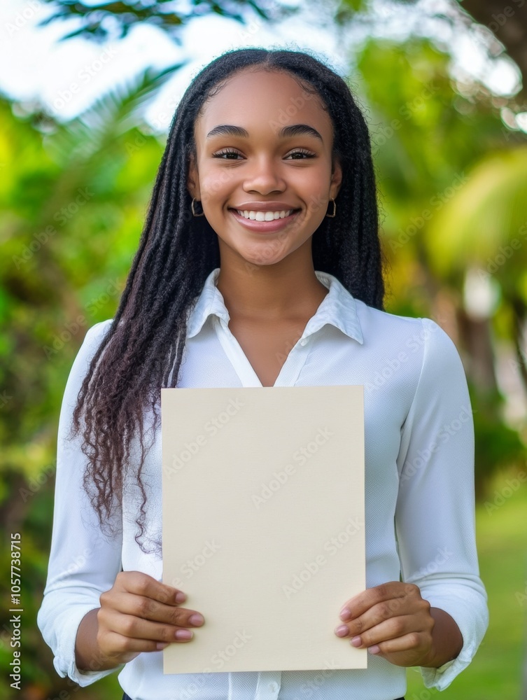 Smiling Young Woman Holding a Blank Beige Certificate for mockup Outdoors on a Sunny Day in a Beautiful Landscape Smiling Young Woman Holding a Blank Beige Certificate for mockup Outdoors on a Sunny Day in a Beautiful Landscape