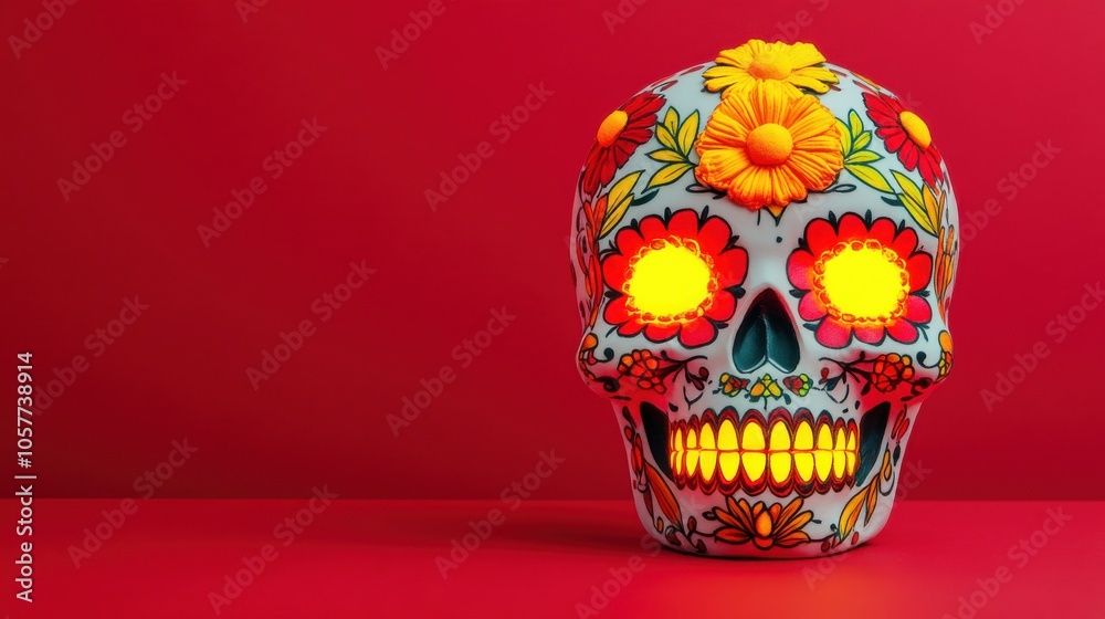 Neon Sugar Skull with Glowing Features in Vivid Colors Neon Sugar Skull with Glowing Features in Vivid Colors