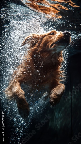 Golden retriever swimming in an indoor pool during a bright sunny day