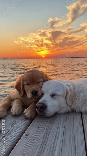Two dogs cuddling by the water at sunset in a serene evening setting