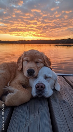 Two dogs cuddling by the water at sunset in a serene evening setting