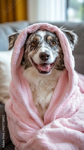 Happy dog wrapped in a pink blanket lounging comfortably at home on a cozy af...