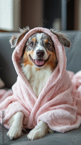 Happy dog wrapped in a pink blanket lounging comfortably at home on a cozy af...