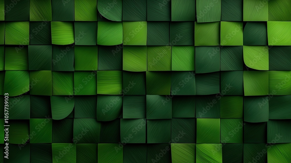 Lush green background with a variety of green squares scattered throughout. The squares are arranged in a way that creates a sense of depth and movement, as they overlap Lush green background with a variety of green squares scattered throughout. The squares are arranged in a way that creates a sense of depth and movement, as they overlap