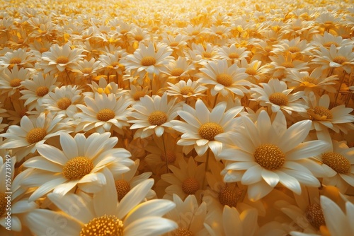 A vibrant field of glowing daisies under soft daylight during early summer