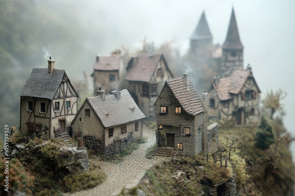 Miniature Stone Village with Cobblestone Path and Foggy Background Miniature Stone Village with Cobblestone Path and Foggy Background