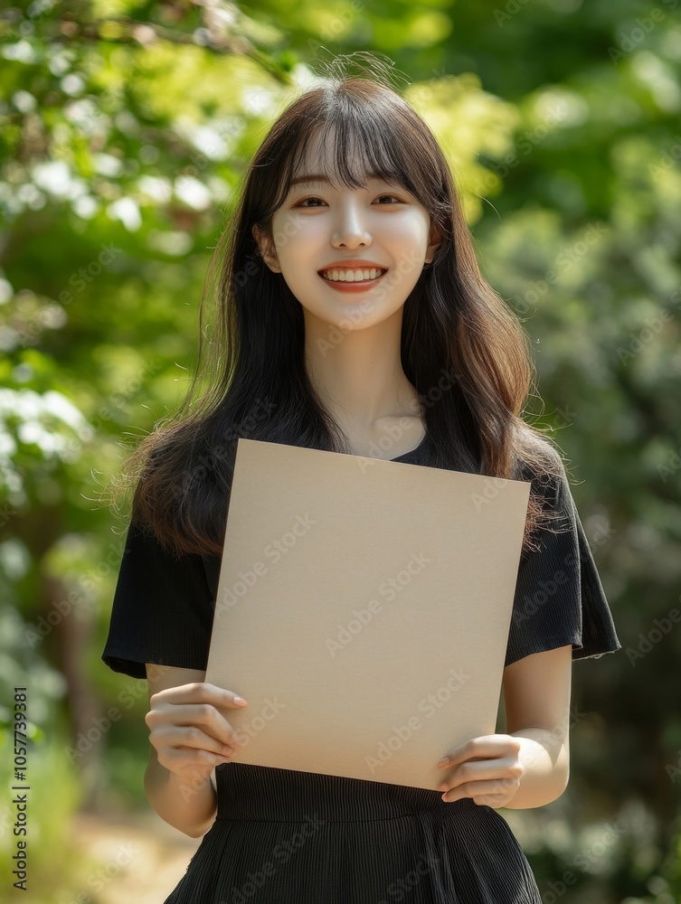 Smiling Young Woman Holding a Blank Beige Certificate for mockup Outdoors on a Sunny Day in a Beautiful Landscape Smiling Young Woman Holding a Blank Beige Certificate for mockup Outdoors on a Sunny Day in a Beautiful Landscape