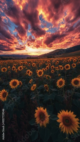 A vibrant field of sunflowers under a colorful sunset in a rural landscape