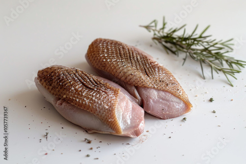 Fresh Raw Duck Breasts with Rosemary on White Background Ready for Cooking and Gourmet Meal Preparation photo