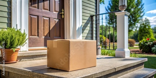Package Delivered on Front Porch Steps with Green Bushes and a Wooden Door in the Background