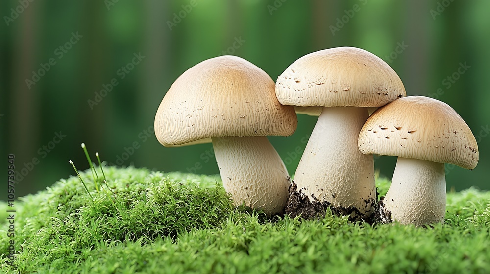 Three mushrooms are on a green mossy ground. The mushrooms are brown and have a round shape Three mushrooms are on a green mossy ground. The mushrooms are brown and have a round shape