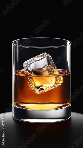 A glass of whiskey with ice resting on a wooden surface against a dark backdrop