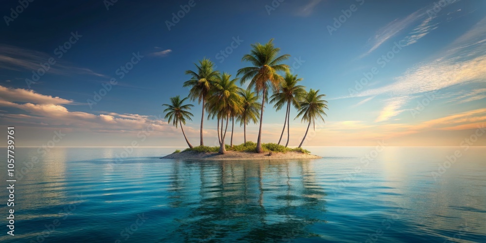 Palm-Fringed Island at Sunset A Digital Illustration of a tropical island with palm trees and a calm ocean under a vibrant sunset sky Palm-Fringed Island at Sunset A Digital Illustration of a tropical island with palm trees and a calm ocean under a vibrant sunset sky