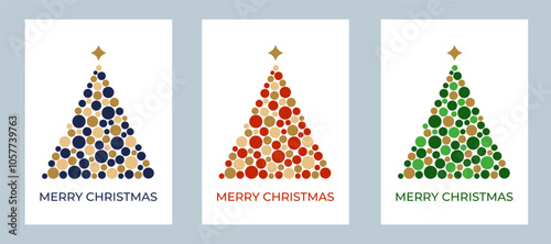 Set of Christmas greeting cards with christmas trees made of colorful circles. Flat style. Template for winter holidays design. Vector illustration