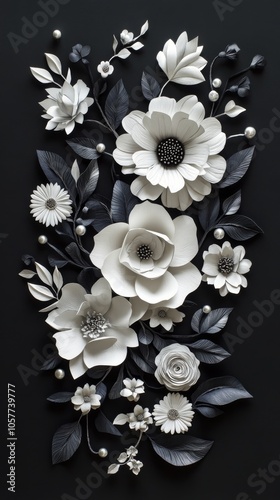 Elegant black and white floral arrangement featuring various paper flowers an...
