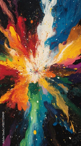 Vibrant abstract artwork featuring bold colors and dynamic splashes created i...