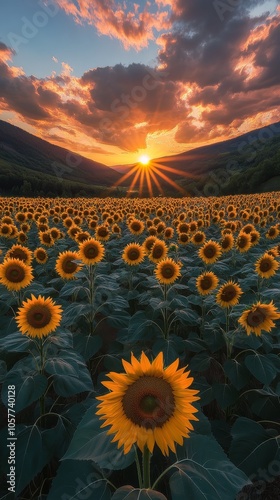 A vibrant field of sunflowers under a colorful sunset in a rural landscape