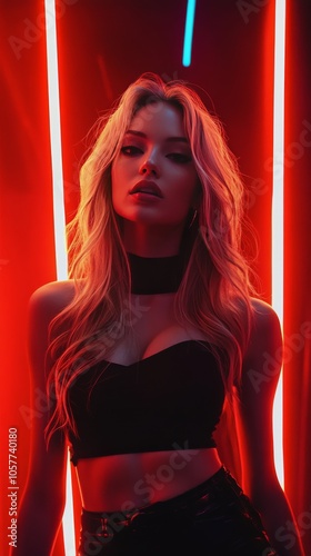 A young woman poses confidently in a dimly lit room illuminated by red neon l...