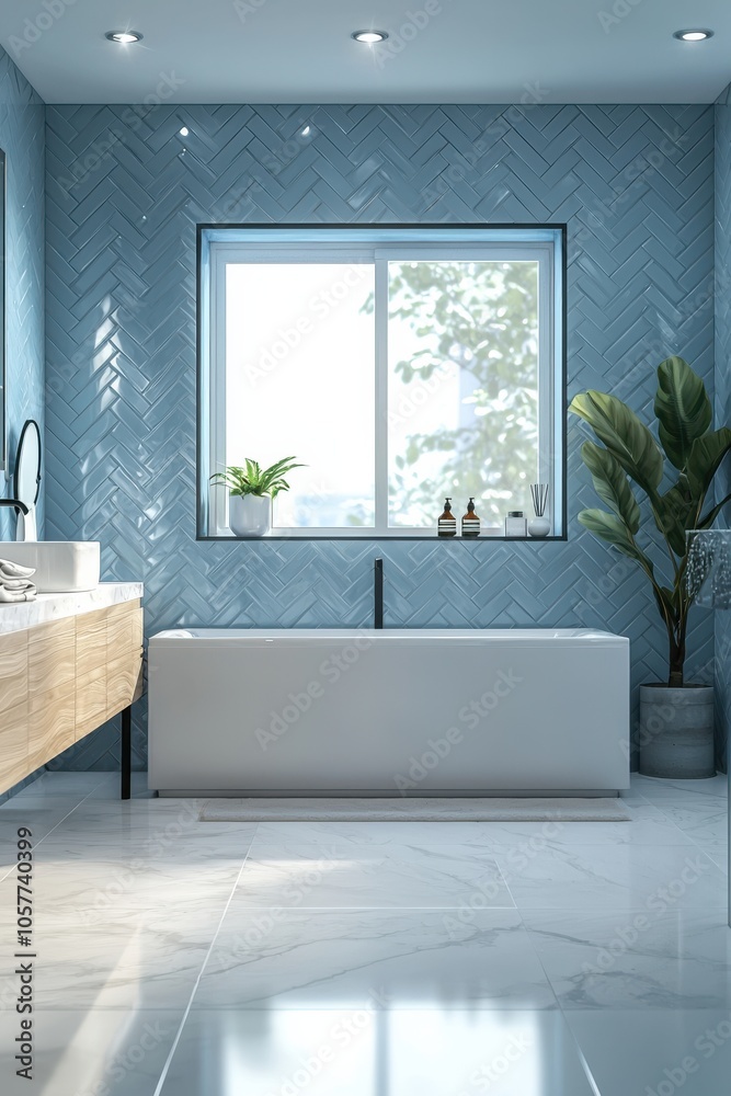 Bright and serene bathroom with light blue herringbone tiles, large windows, and freestanding bathtub Bright and serene bathroom with light blue herringbone tiles, large windows, and freestanding bathtub