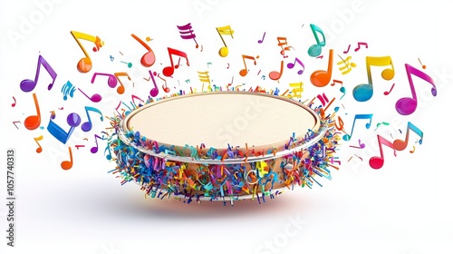 An artistic representation of a drum encircled by vivid musical notes, capturing the essence of rhythm and excitement through a burst of color and creativity.