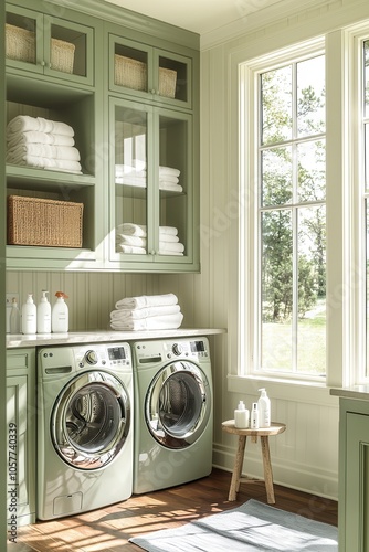 Bright and airy laundry room with sage green cabinets, modern appliances, and large windows filled with natural light