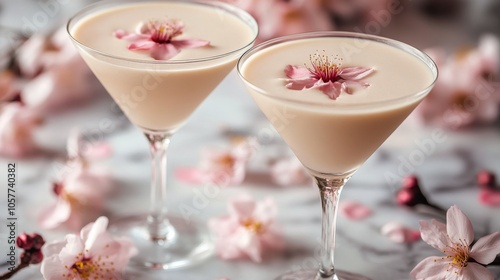 Elegant cocktail with cherry blossoms on a marble surface during springtime c...