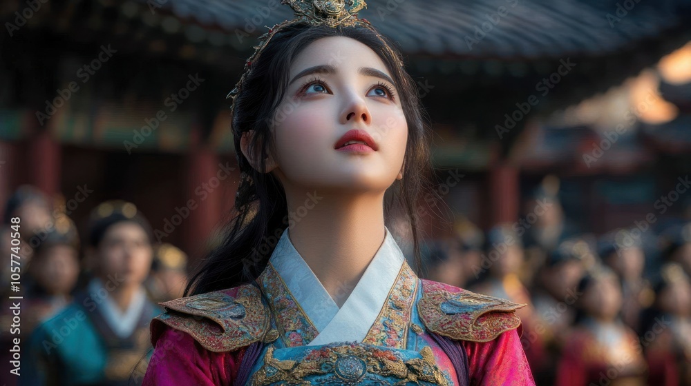 A young woman in traditional Korean attire stands before a palace, looking upwards with hope and anticipation.