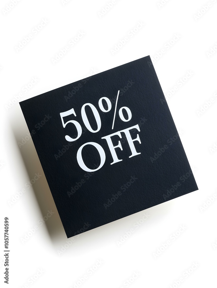 White '50% OFF' Text on a Black Square Paper Note. White Background 