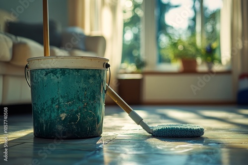 A vintage bucket with floral designs is filled with water and has a wooden st...
