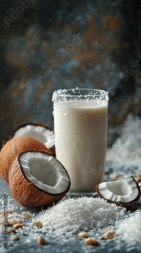 Creamy coconut milk in a glass surrounded by fresh coconuts and shredded coco...