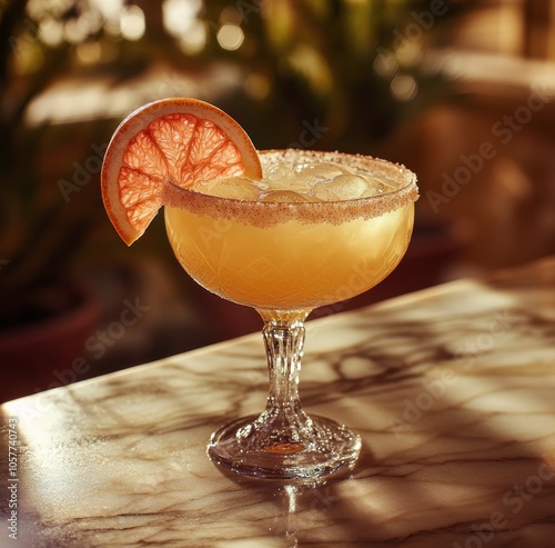 Refreshing citrus cocktail garnished with a slice of grapefruit in a sunny ba...