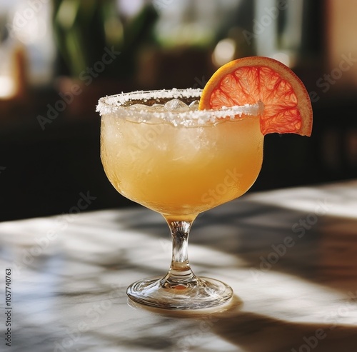 Refreshing citrus cocktail garnished with a slice of grapefruit in a sunny ba...
