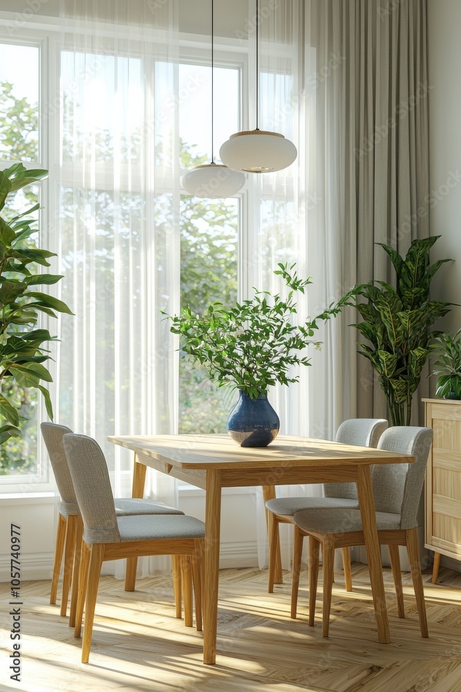 Fototapeta premium Modern dining room with wooden furniture and large windows letting in abundant natural light