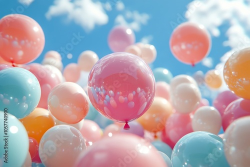 Colorful balloons floating in a bright blue sky during a sunny afternoon cele...
