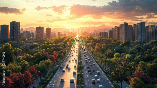 Urban sunrise view of a bustling highway lined with lush greenery and cityscape, capturing morning life in the metropolis. photo