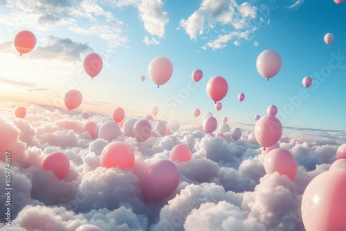 Colorful balloons floating in a bright blue sky during a sunny afternoon cele...